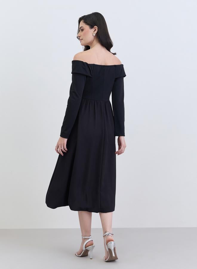 Styli Women Black Off-Shoulder A-Line Midi Dress - Image 5